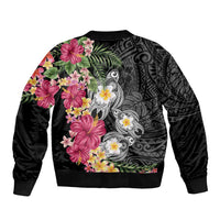 Hawaiian Tropical Flowers and Tribal Turtles Bomber Jacket Polynesian Art Motifs Black Color - Polynesian Pride