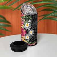 Hawaiian Tropical Flowers and Tribal Turtles 4 in 1 Can Cooler Tumbler Polynesian Art Motifs Black Color - Polynesian Pride