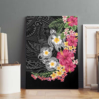 Hawaiian Tropical Flowers and Tribal Turtles Canvas Wall Art Polynesian Art Motifs Black Color - Polynesian Pride