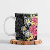 Hawaiian Tropical Flowers and Tribal Turtles Ceramic Mug Polynesian Art Motifs Black Color - Polynesian Pride