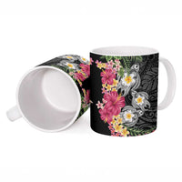 Hawaiian Tropical Flowers and Tribal Turtles Ceramic Mug Polynesian Art Motifs Black Color - Polynesian Pride