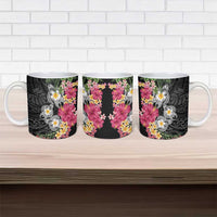 Hawaiian Tropical Flowers and Tribal Turtles Ceramic Mug Polynesian Art Motifs Black Color - Polynesian Pride