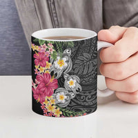 Hawaiian Tropical Flowers and Tribal Turtles Ceramic Mug Polynesian Art Motifs Black Color - Polynesian Pride