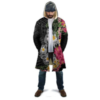 Hawaiian Tropical Flowers and Tribal Turtles Cloak Polynesian Art Motifs Black Color - Polynesian Pride