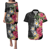 Hawaiian Tropical Flowers and Tribal Turtles Couples Matching Puletasi and Hawaiian Shirt Polynesian Art Motifs Black Color - Polynesian Pride