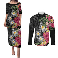 Hawaiian Tropical Flowers and Tribal Turtles Couples Matching Puletasi and Long Sleeve Button Shirt Polynesian Art Motifs Black Color - Polynesian Pride