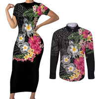 Hawaiian Tropical Flowers and Tribal Turtles Couples Matching Short Sleeve Bodycon Dress and Long Sleeve Button Shirt Polynesian Art Motifs Black Color - Polynesian Pride