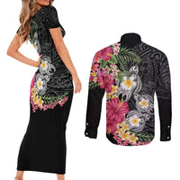 Hawaiian Tropical Flowers and Tribal Turtles Couples Matching Short Sleeve Bodycon Dress and Long Sleeve Button Shirt Polynesian Art Motifs Black Color - Polynesian Pride