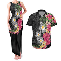Hawaiian Tropical Flowers and Tribal Turtles Couples Matching Tank Maxi Dress and Hawaiian Shirt Polynesian Art Motifs Black Color - Polynesian Pride