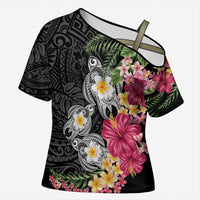 Hawaiian Tropical Flowers and Tribal Turtles Cross Shoulder Shirt Polynesian Art Motifs Black Color - Polynesian Pride