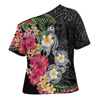 Hawaiian Tropical Flowers and Tribal Turtles Cross Shoulder Shirt Polynesian Art Motifs Black Color - Polynesian Pride