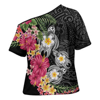 Hawaiian Tropical Flowers and Tribal Turtles Cross Shoulder Shirt Polynesian Art Motifs Black Color - Polynesian Pride