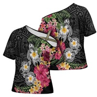 Hawaiian Tropical Flowers and Tribal Turtles Cross Shoulder Shirt Polynesian Art Motifs Black Color - Polynesian Pride