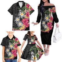 Hawaiian Tropical Flowers and Tribal Turtles Family Matching Off The Shoulder Long Sleeve Dress and Hawaiian Shirt Polynesian Art Motifs Black Color - Polynesian Pride