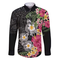 Hawaiian Tropical Flowers and Tribal Turtles Family Matching Off The Shoulder Long Sleeve Dress and Hawaiian Shirt Polynesian Art Motifs Black Color - Polynesian Pride