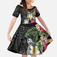 Hawaiian Tropical Flowers and Tribal Turtles Family Matching Tank Maxi Dress and Hawaiian Shirt Polynesian Art Motifs Black Color - Polynesian Pride