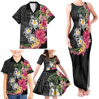 Hawaiian Tropical Flowers and Tribal Turtles Family Matching Tank Maxi Dress and Hawaiian Shirt Polynesian Art Motifs Black Color - Polynesian Pride