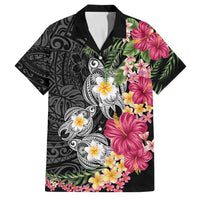 Hawaiian Tropical Flowers and Tribal Turtles Family Matching Tank Maxi Dress and Hawaiian Shirt Polynesian Art Motifs Black Color - Polynesian Pride