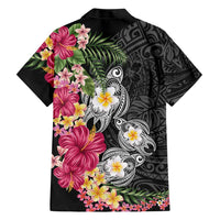 Hawaiian Tropical Flowers and Tribal Turtles Family Matching Tank Maxi Dress and Hawaiian Shirt Polynesian Art Motifs Black Color - Polynesian Pride