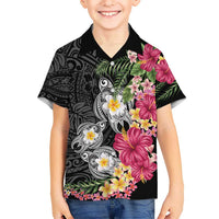 Hawaiian Tropical Flowers and Tribal Turtles Family Matching Tank Maxi Dress and Hawaiian Shirt Polynesian Art Motifs Black Color - Polynesian Pride