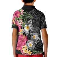 Hawaiian Tropical Flowers and Tribal Turtles Kid Polo Shirt Polynesian Art Motifs Black Color - Polynesian Pride