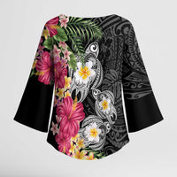 Hawaiian Tropical Flowers and Tribal Turtles Kimono Sleeve Blouse Polynesian Art Motifs Black Color - Polynesian Pride
