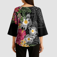 Hawaiian Tropical Flowers and Tribal Turtles Kimono Sleeve Blouse Polynesian Art Motifs Black Color - Polynesian Pride