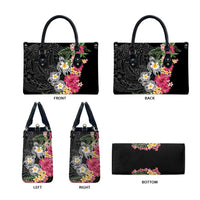 Hawaiian Tropical Flowers and Tribal Turtles Leather Bag Polynesian Art Motifs Black Color - Polynesian Pride