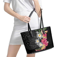 Hawaiian Tropical Flowers and Tribal Turtles Leather Tote Bag Polynesian Art Motifs Black Color - Polynesian Pride