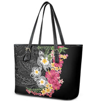 Hawaiian Tropical Flowers and Tribal Turtles Leather Tote Bag Polynesian Art Motifs Black Color - Polynesian Pride