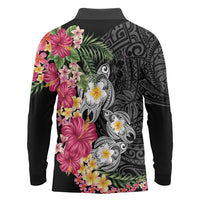 Hawaiian Tropical Flowers and Tribal Turtles Long Sleeve Polo Shirt Polynesian Art Motifs Black Color - Polynesian Pride