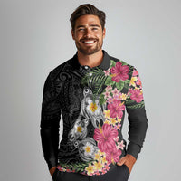 Hawaiian Tropical Flowers and Tribal Turtles Long Sleeve Polo Shirt Polynesian Art Motifs Black Color - Polynesian Pride
