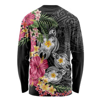 Hawaiian Tropical Flowers and Tribal Turtles Long Sleeve Shirt Polynesian Art Motifs Black Color - Polynesian Pride