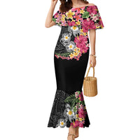 Hawaiian Tropical Flowers and Tribal Turtles Mermaid Dress Polynesian Art Motifs Black Color - Polynesian Pride