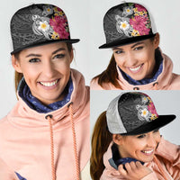 Hawaiian Tropical Flowers and Tribal Turtles Mesh Trucker Cap Polynesian Art Motifs Black Color - Polynesian Pride