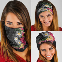Hawaiian Tropical Flowers and Tribal Turtles Neck Gaiter Polynesian Art Motifs Black Color - Polynesian Pride