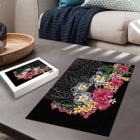 Hawaiian Tropical Flowers and Tribal Turtles Puzzle Polynesian Art Motifs Black Color - Polynesian Pride