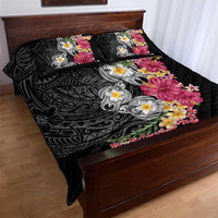 Hawaiian Tropical Flowers and Tribal Turtles Quilt Bed Set Polynesian Art Motifs Black Color - Polynesian Pride