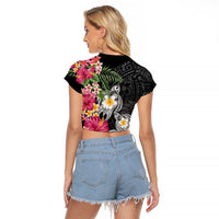 Hawaiian Tropical Flowers and Tribal Turtles Raglan Cropped T Shirt Polynesian Art Motifs Black Color - Polynesian Pride
