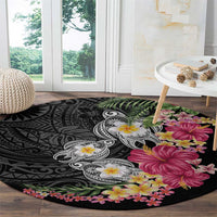 Hawaiian Tropical Flowers and Tribal Turtles Round Carpet Polynesian Art Motifs Black Color - Polynesian Pride