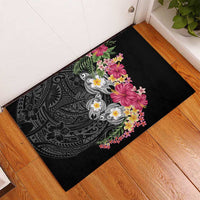 Hawaiian Tropical Flowers and Tribal Turtles Rubber Doormat Polynesian Art Motifs Black Color - Polynesian Pride