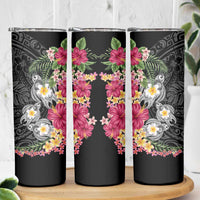 Hawaiian Tropical Flowers and Tribal Turtles Skinny Tumbler Polynesian Art Motifs Black Color - Polynesian Pride