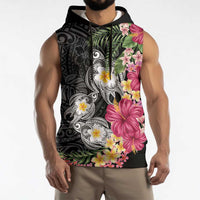 Hawaiian Tropical Flowers and Tribal Turtles Sleeveless Hoodie Polynesian Art Motifs Black Color - Polynesian Pride