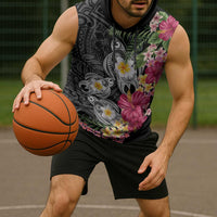 Hawaiian Tropical Flowers and Tribal Turtles Sleeveless Hoodie Polynesian Art Motifs Black Color - Polynesian Pride