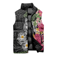 Hawaiian Tropical Flowers and Tribal Turtles Sleeveless Puffer Jacket Polynesian Art Motifs Black Color - Polynesian Pride