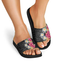 Hawaiian Tropical Flowers and Tribal Turtles Slide Sandals Polynesian Art Motifs Black Color - Polynesian Pride
