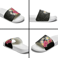 Hawaiian Tropical Flowers and Tribal Turtles Slide Sandals Polynesian Art Motifs Black Color - Polynesian Pride