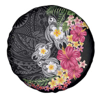Hawaiian Tropical Flowers and Tribal Turtles Spare Tire Cover Polynesian Art Motifs Black Color - Polynesian Pride