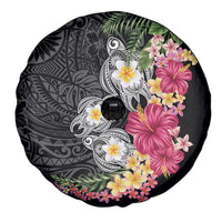 Hawaiian Tropical Flowers and Tribal Turtles Spare Tire Cover Polynesian Art Motifs Black Color - Polynesian Pride