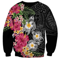 Hawaiian Tropical Flowers and Tribal Turtles Sweatshirt Polynesian Art Motifs Black Color - Polynesian Pride